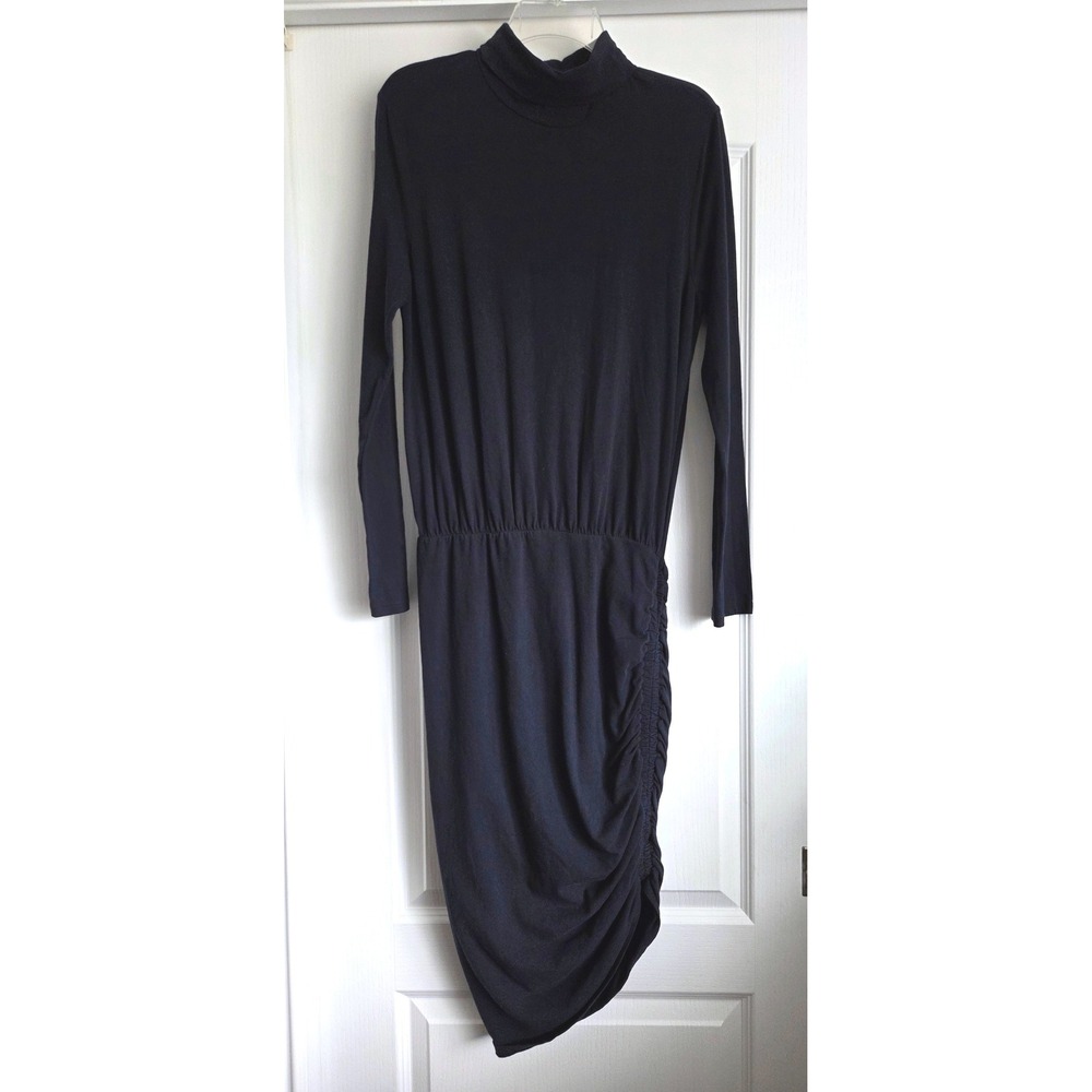Sundry Navy Blue Mockneck Long Sleeve Ruched Asymmetrical Midi Dress Size 3 L